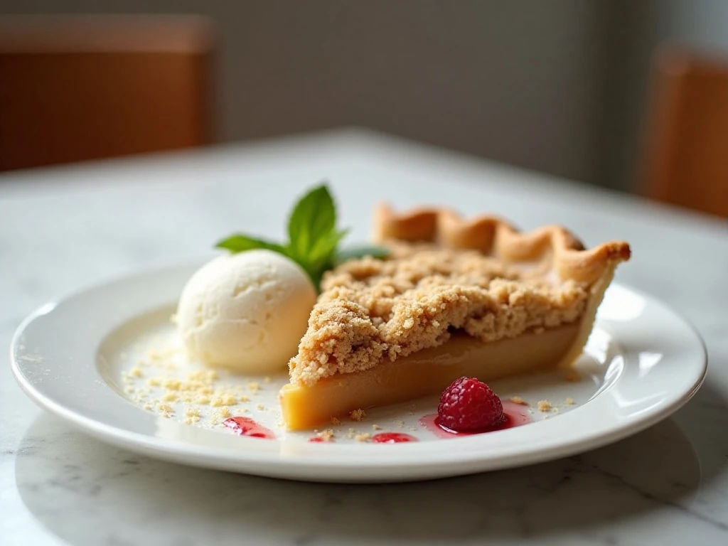 Apple crumb pie slice served with vanilla ice cream and raspberry sauce