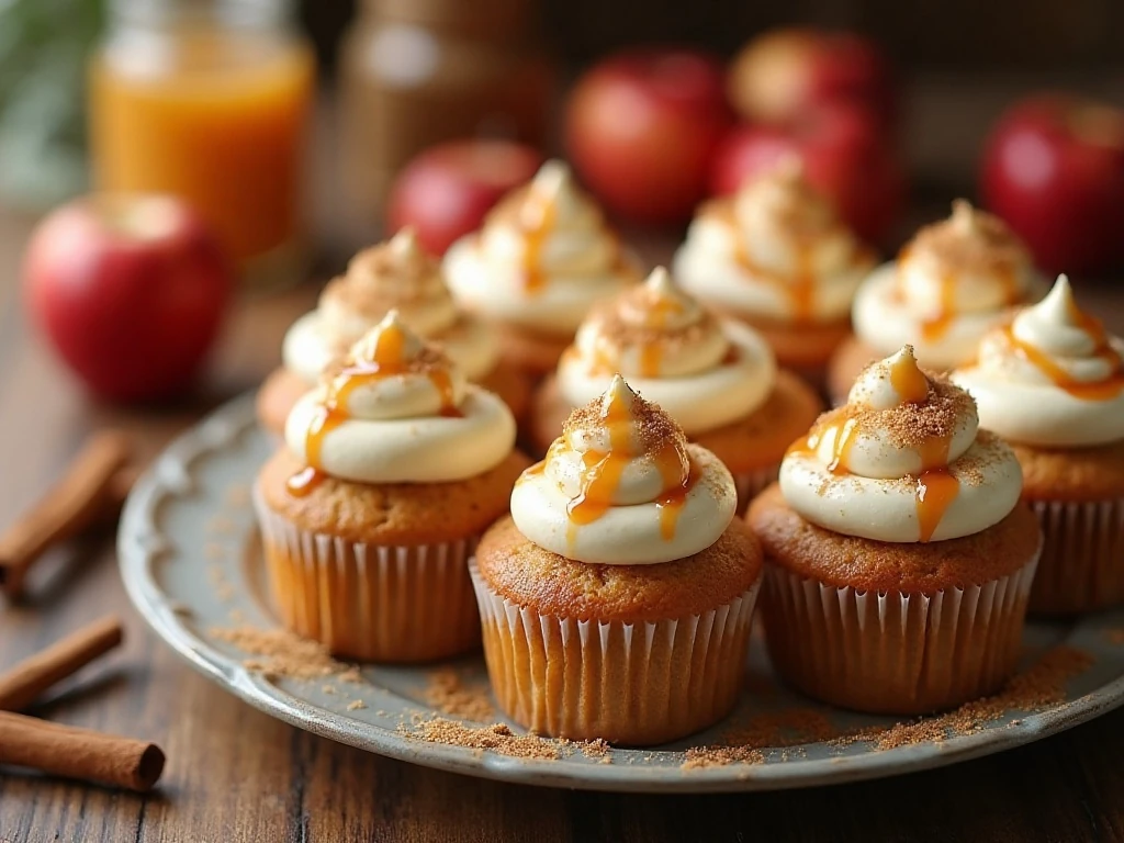 Apple pie cupcakes with vanilla frosting and caramel drizzle