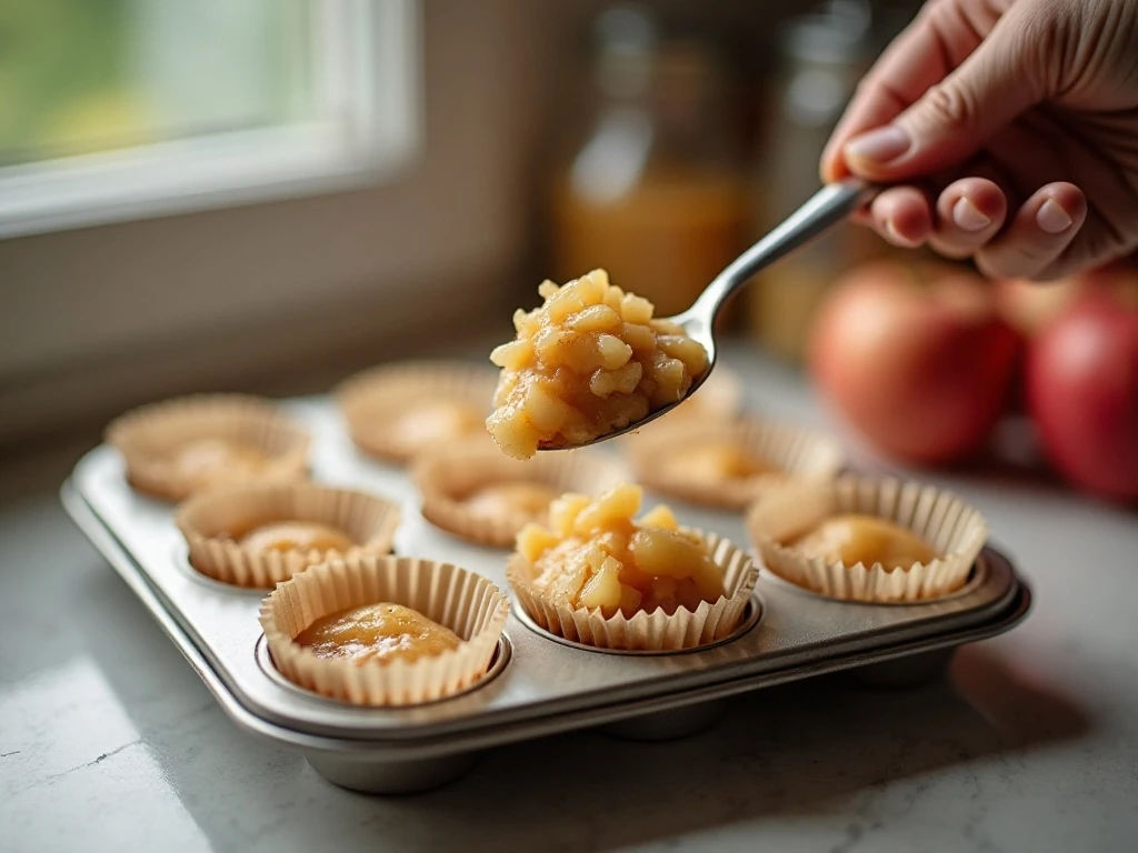 Filling cupcake liners with cinnamon apple pie filling