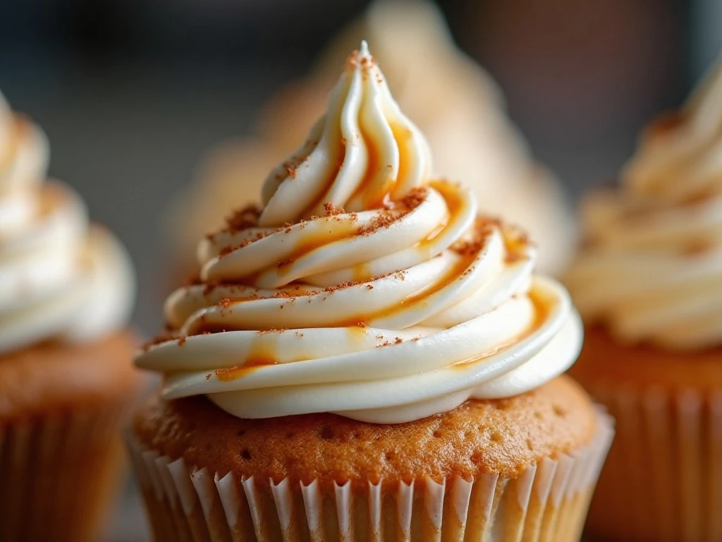 Vanilla frosting, caramel drizzle, and cinnamon on an apple pie cupcake