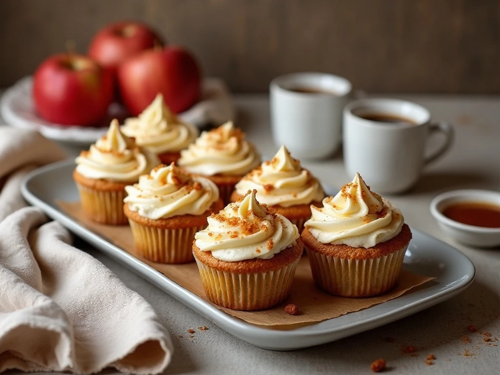 Apple pie cupcakes served with caramel sauce and coffee
