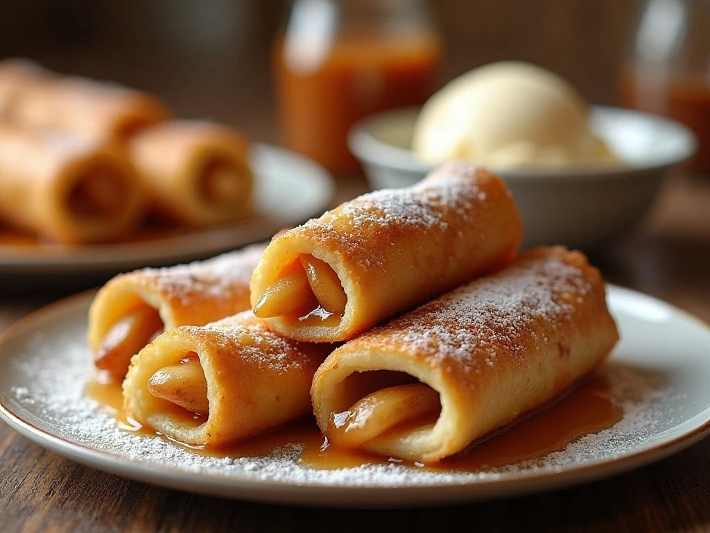 Crispy apple pie egg rolls served with caramel sauce and vanilla ice cream