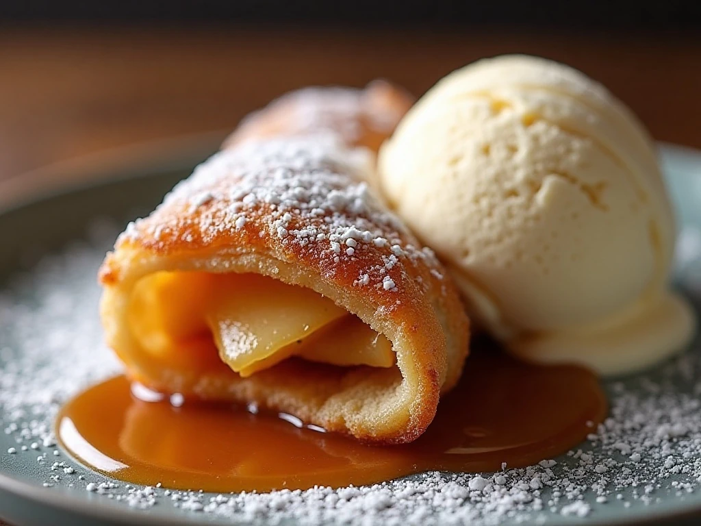 Apple pie egg roll with powdered sugar caramel and ice cream