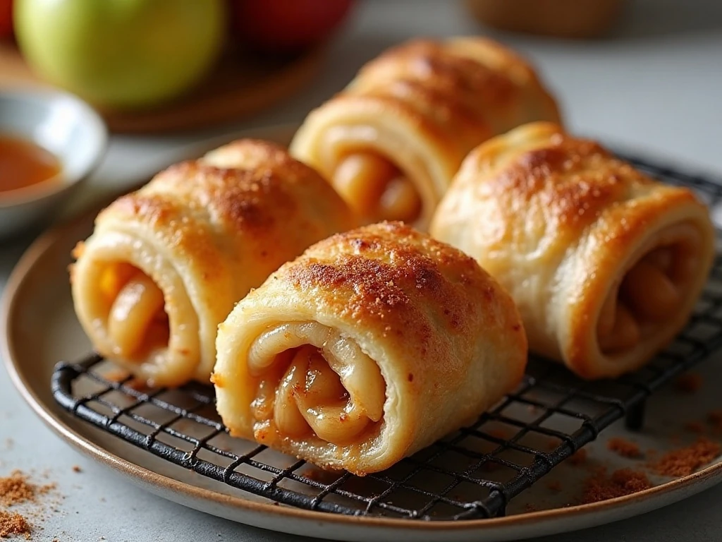 Reheated crispy apple pie egg rolls ready to serve
