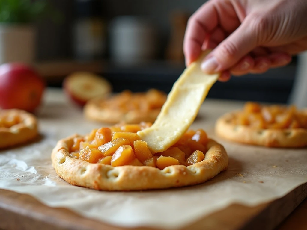 Assembling pastry strips filled with apple pie filling