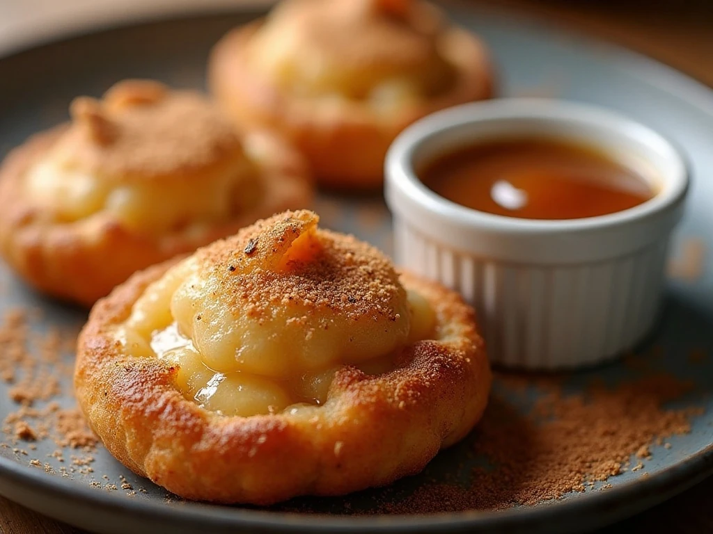 Close-up of apple pie fry with caramel dip