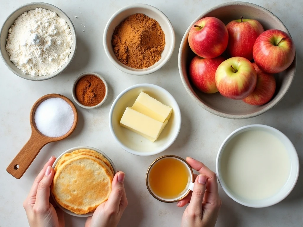 Ingredients for apple pie pancakes and warm apple topping