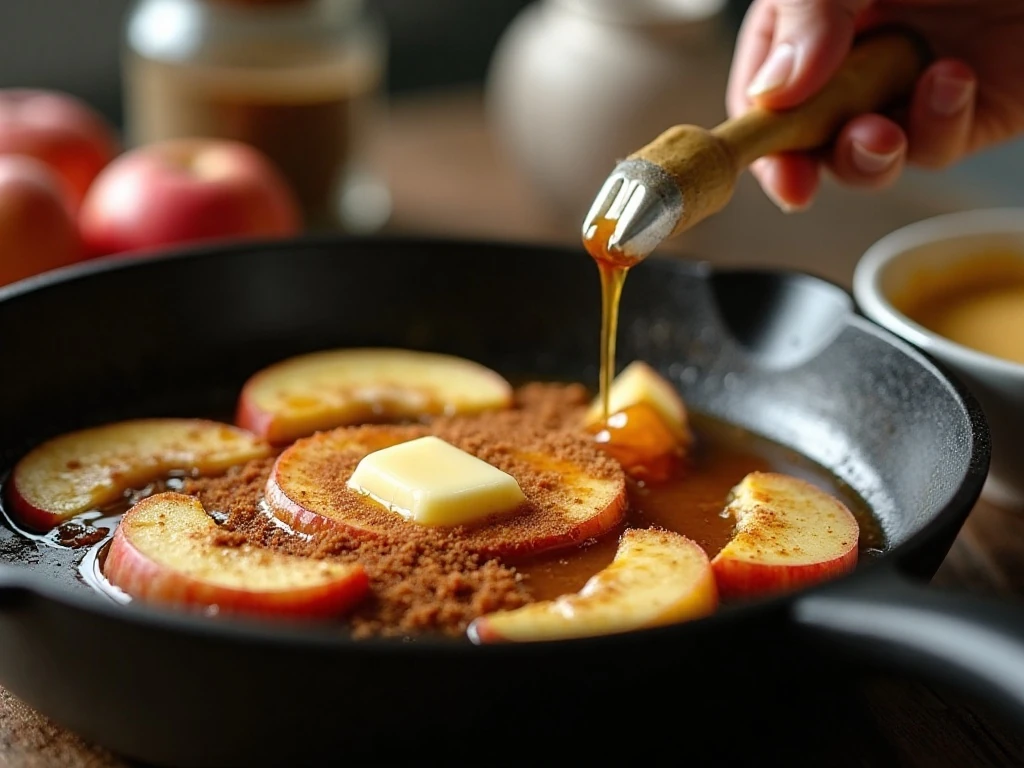 Apple slices cooking with cinnamon and brown sugar for pancake topping