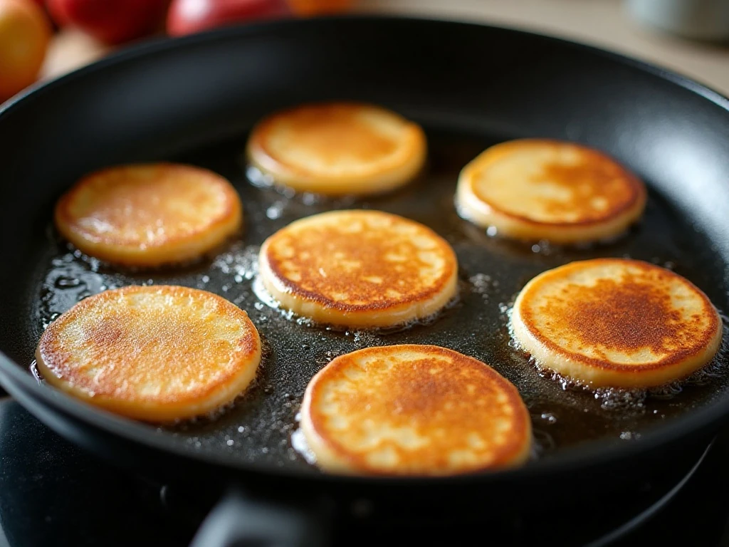 Apple pancakes cooking until bubbles form and edges set