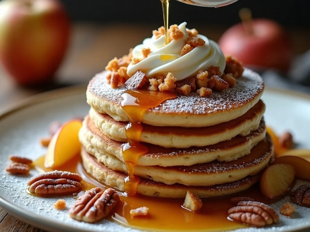 Apple pie pancakes garnished with whipped cream pecans and powdered sugar