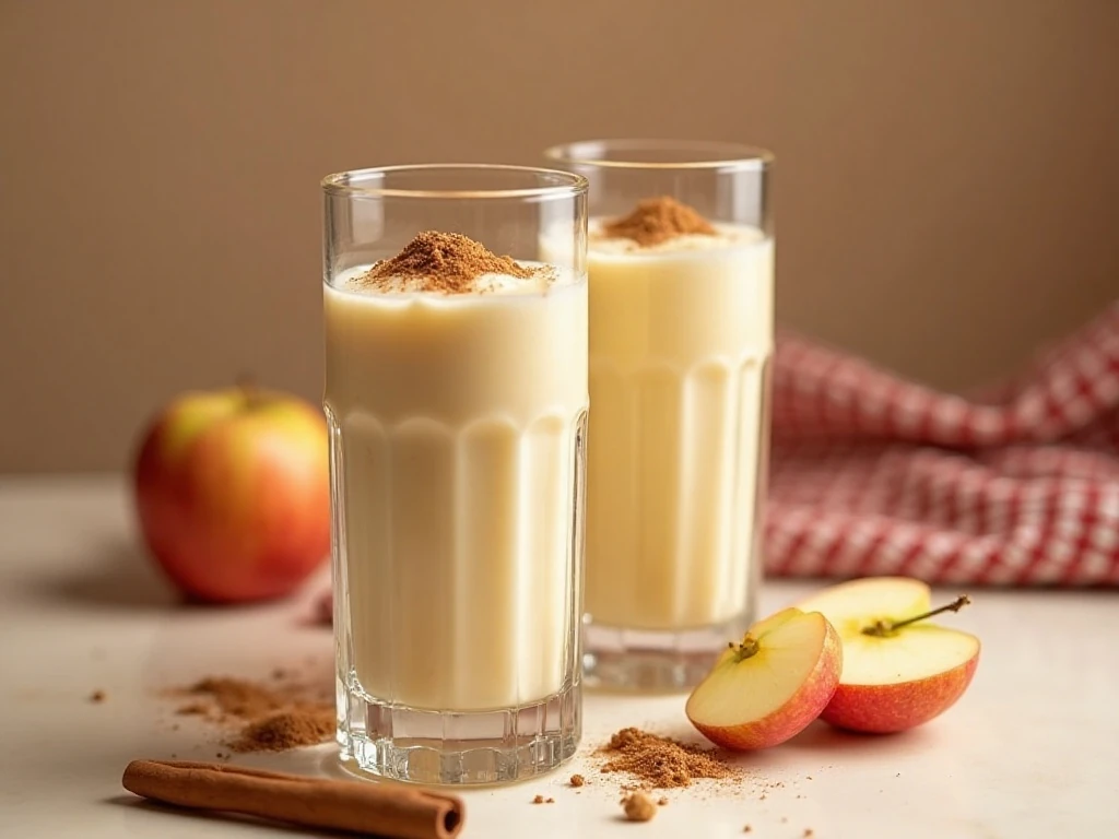 Two creamy apple pie smoothies with cinnamon garnish