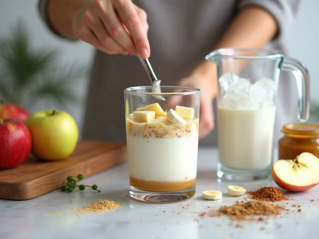 Apple pie smoothie ingredients ready for blending
