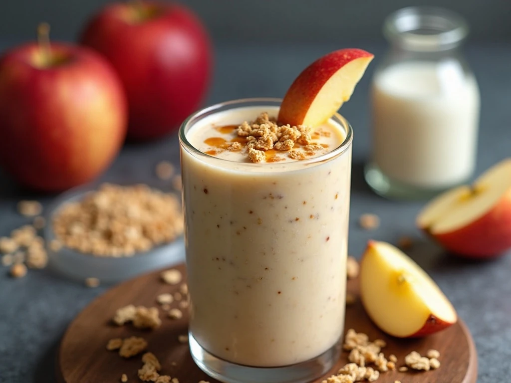 Apple pie smoothie with granola and apple garnish