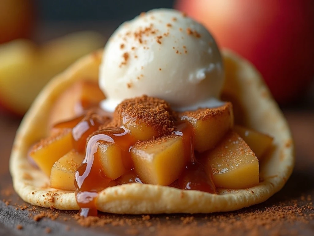 Close-up of an apple pie taco with ice cream and caramel