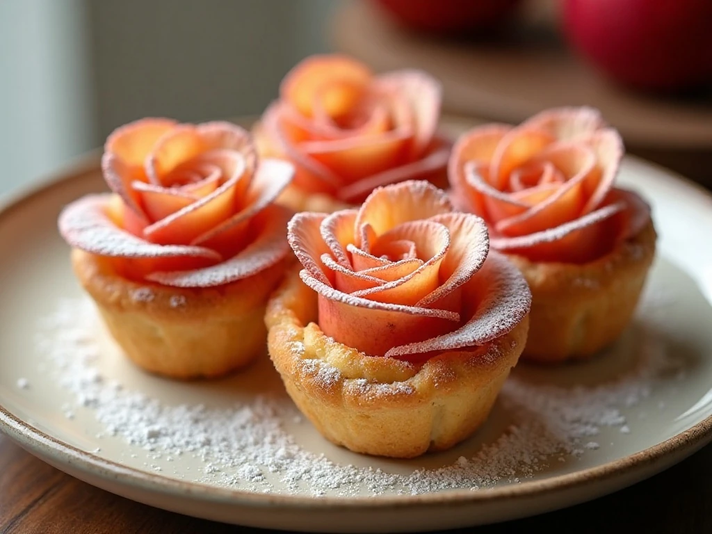 Six beautiful apple roses arranged on a serving plate