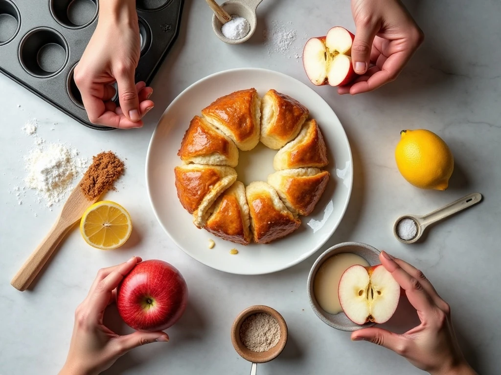 Ingredients for apple roses with puff pastry and apricot preserves