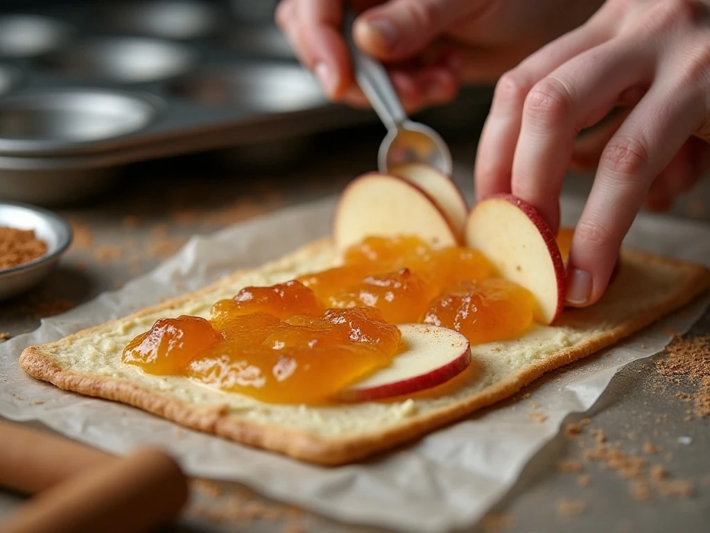 Arranging thin apple slices on puff pastry to make apple roses