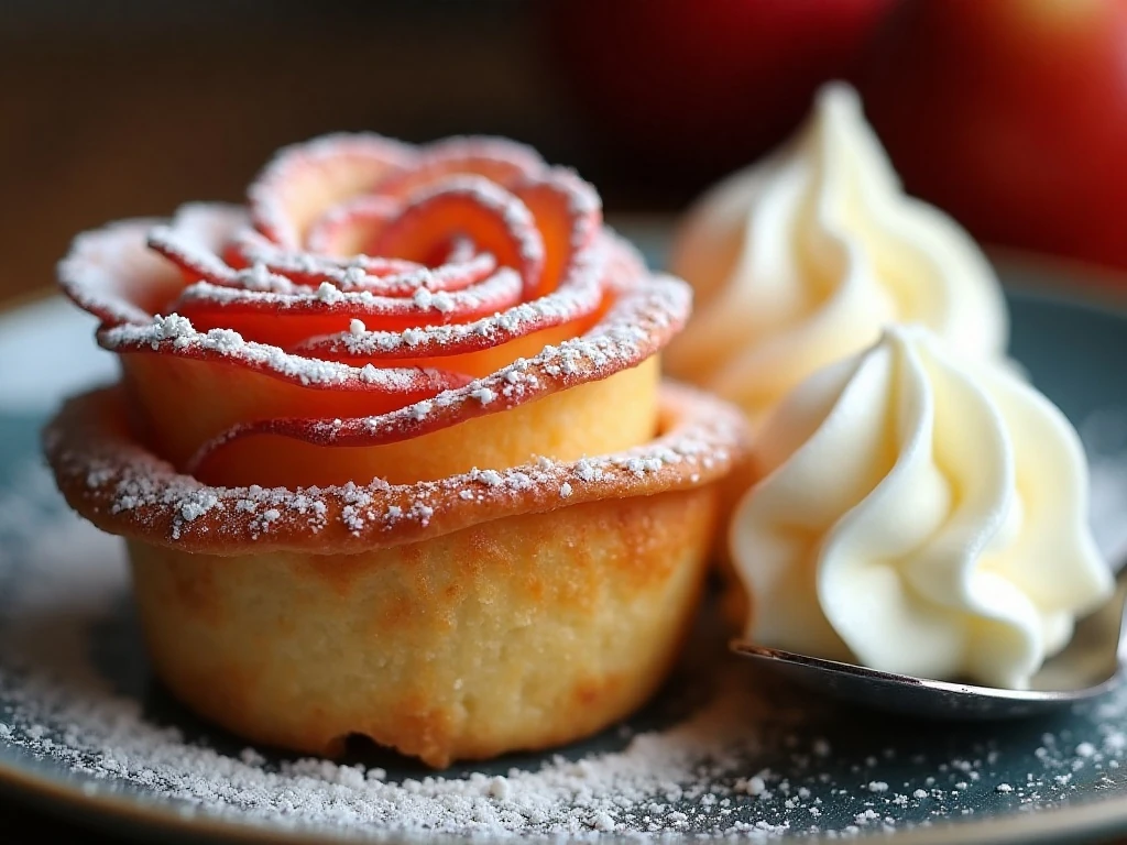 Warm apple rose dusted with powdered sugar and served with ice cream
