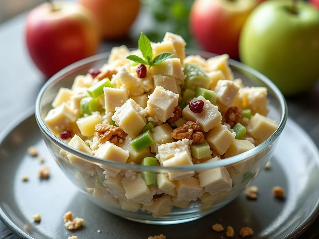 Crunchy apple salad with raisins and walnuts served chilled