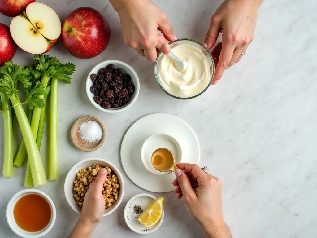 Ingredients for apple salad with raisins and walnuts