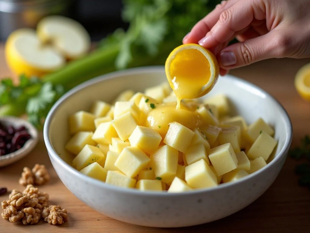 Tossing diced apples with lemon juice for apple salad
