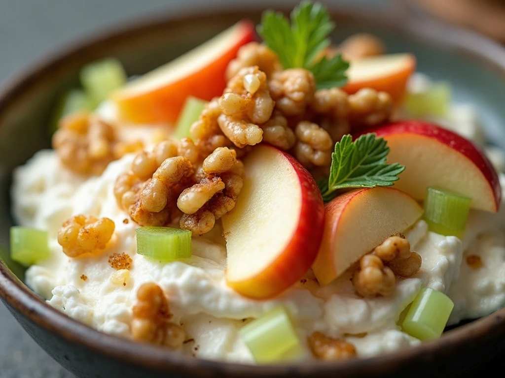 Close-up of walnuts and apples topping creamy apple salad