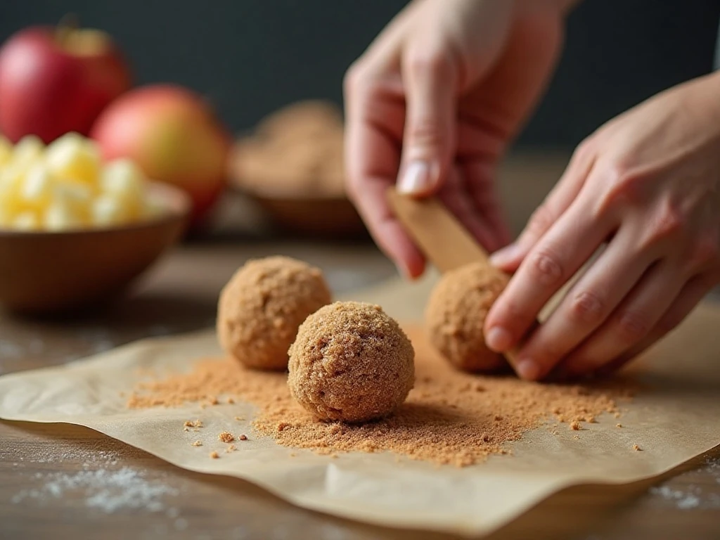 Apple snickerdoodle dough balls being coated in cinnamon sugar