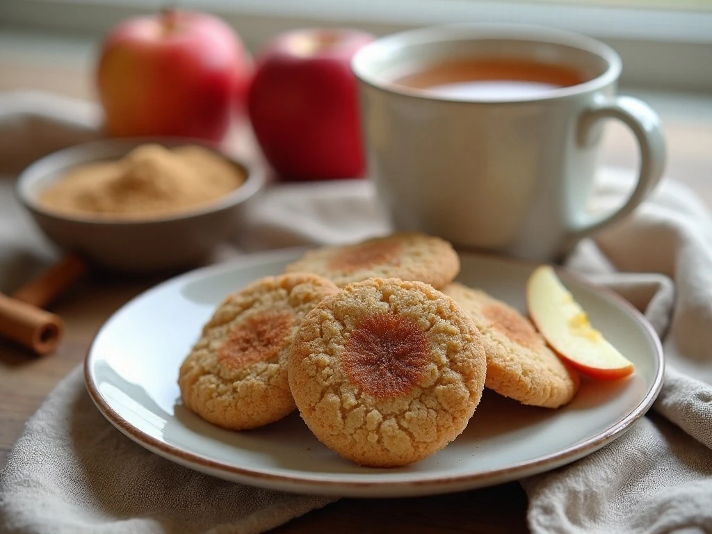 Apple snickerdoodle cookies served with tea and apple slices