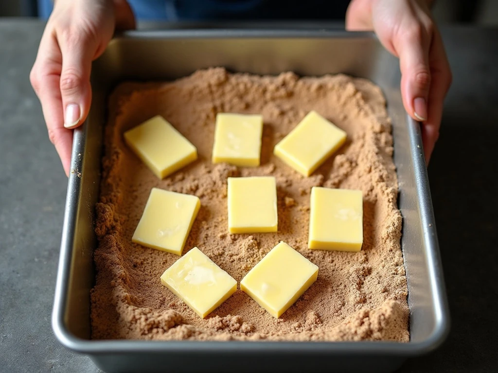 Thin butter slices covering the cake mix topping