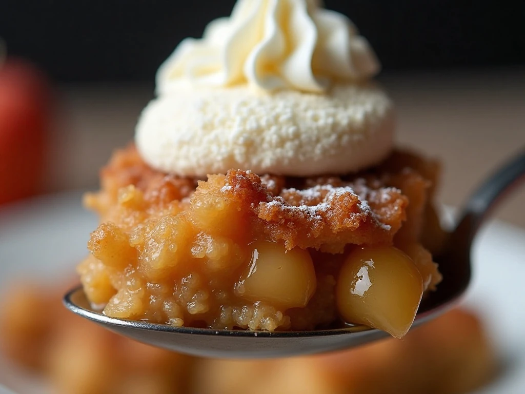 Apple spice dump cake with ice cream and whipped cream