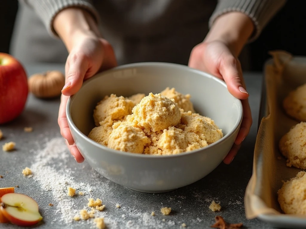 Apple scone dough being gently mixed with diced apples