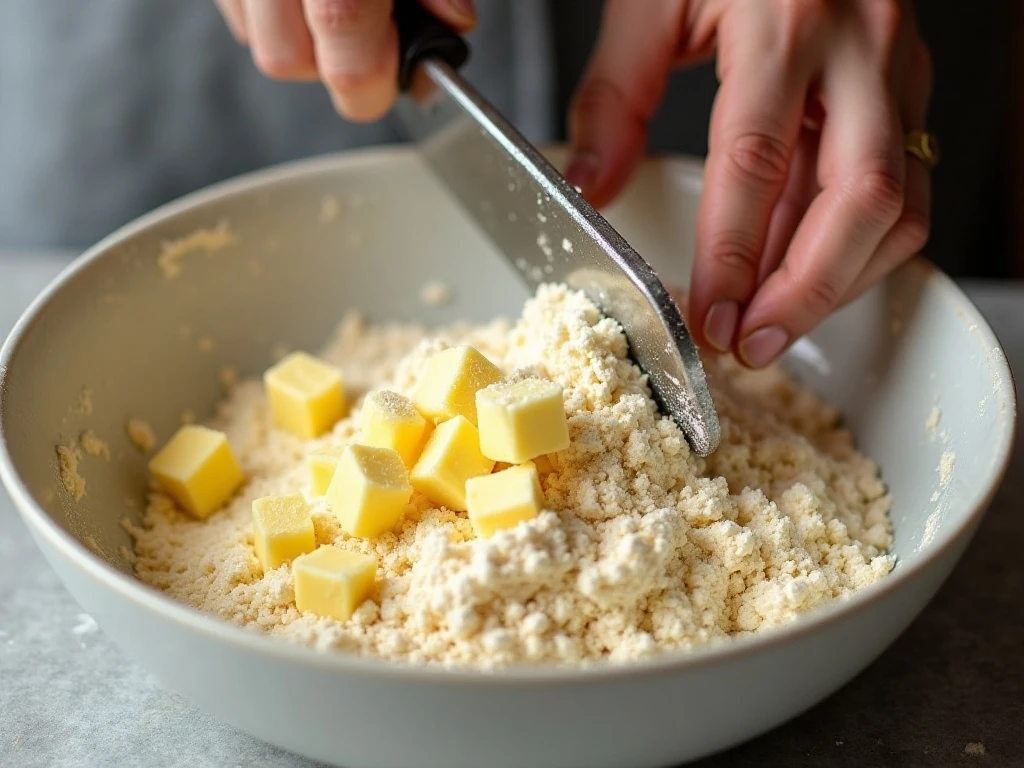 Cold butter cut into flour for flaky apple scones