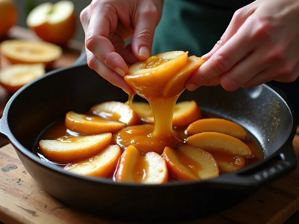 Arranging apple quarters in caramel for tarte Tatin