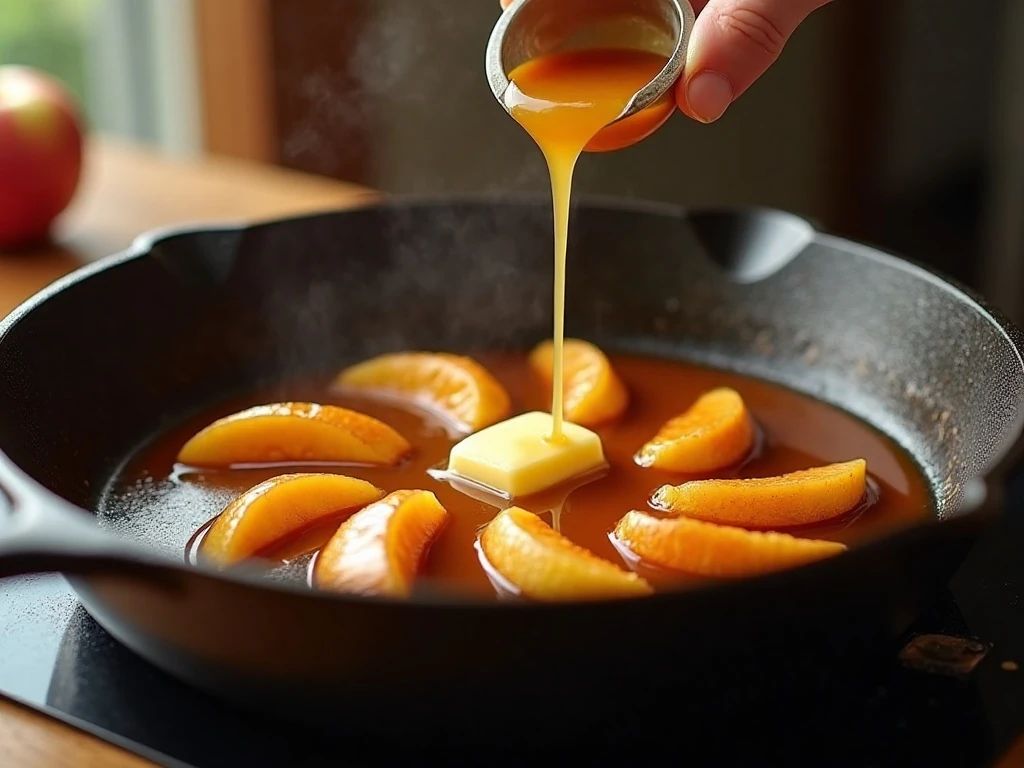 Golden caramel bubbling around apples in a skillet