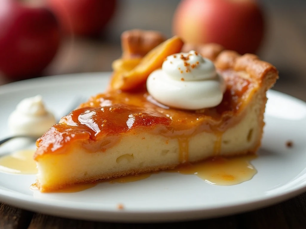 Slice of apple tarte Tatin served with crème fraîche