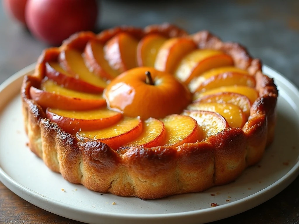 Whole classic apple tarte Tatin with glossy caramelized apples and golden puff pastry