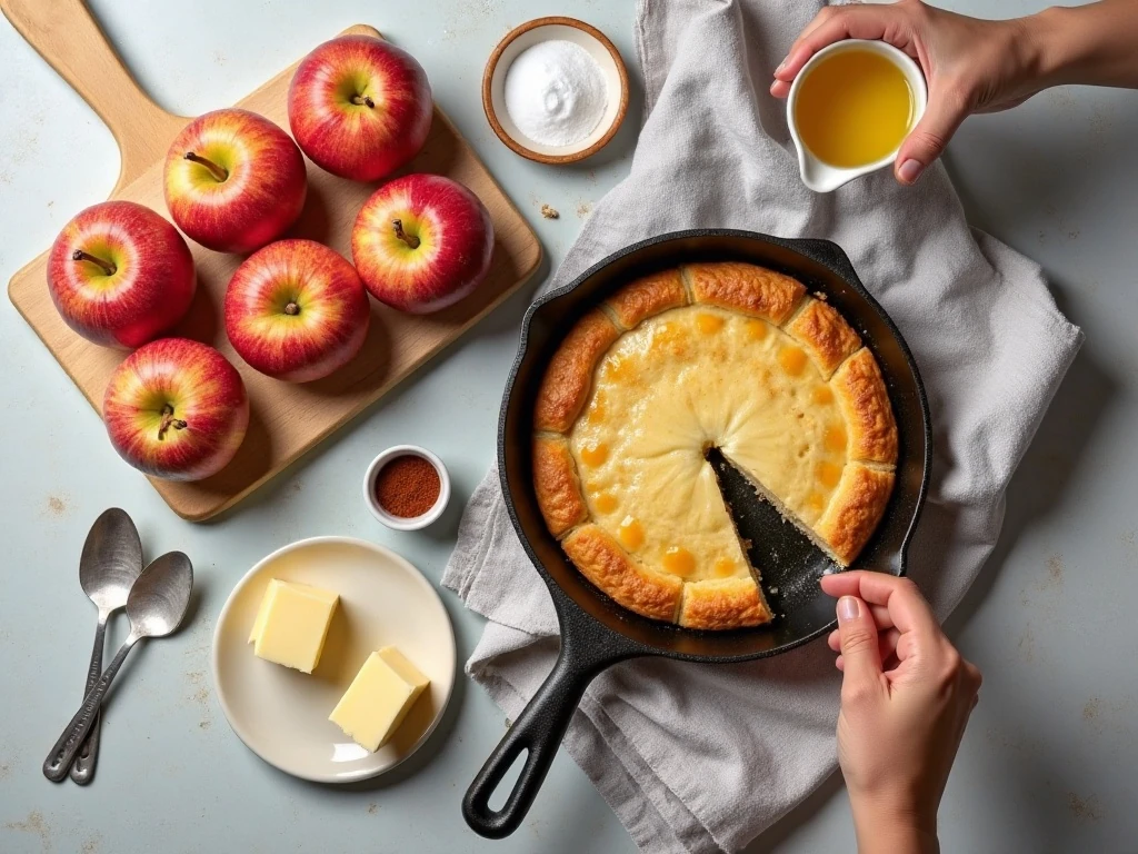 Ingredients for homemade apple tarte Tatin arranged with apples, butter, sugar, and puff pastry