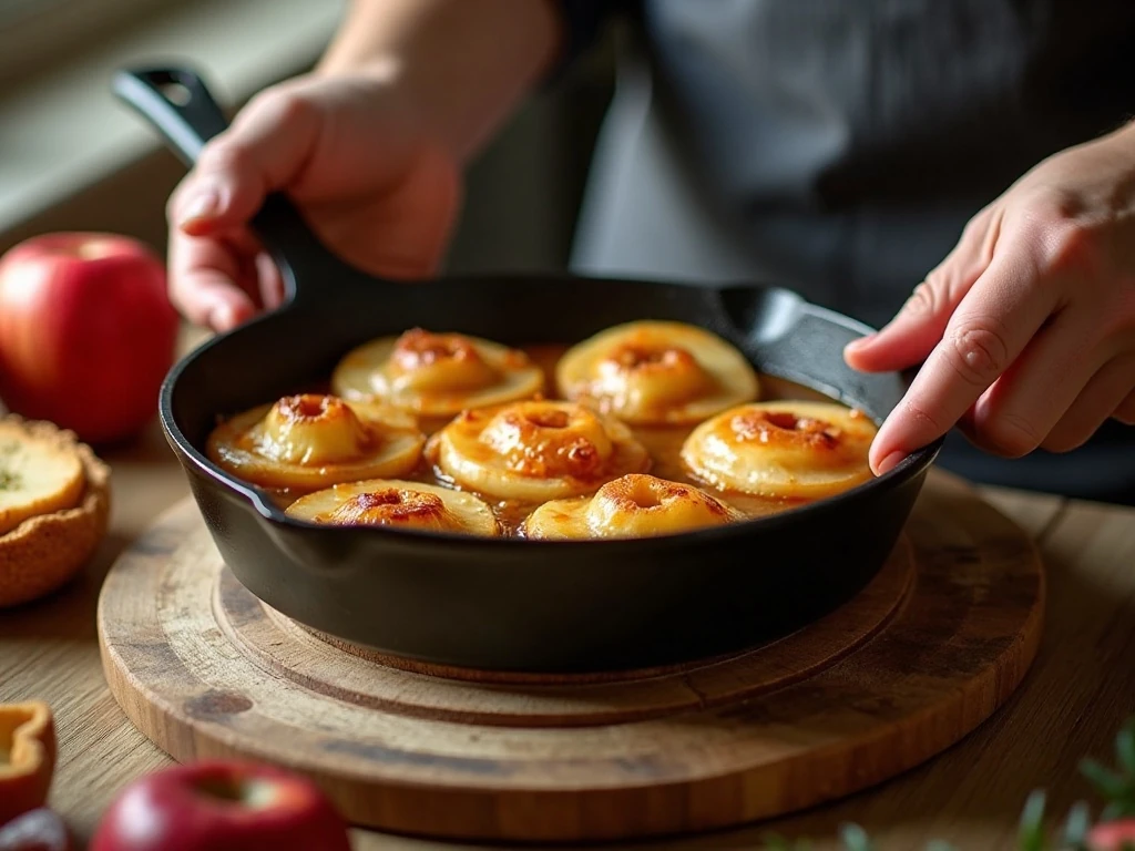 Apple halves being arranged in amber caramel for tarte Tatin