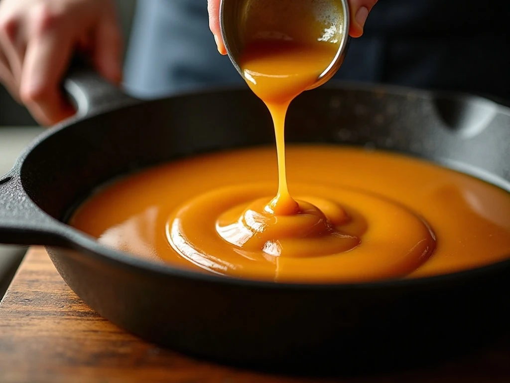 Deep golden amber caramel cooking in a skillet for apple tarte Tatin