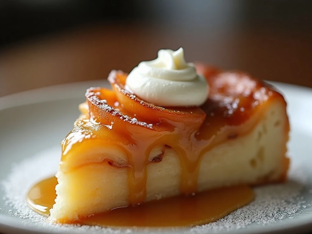 Warm slice of apple tarte Tatin served with crème fraîche