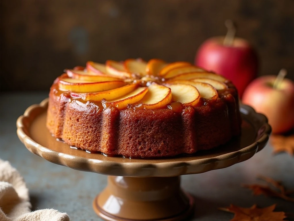 Whole apple upside-down cake with glossy golden caramel apples