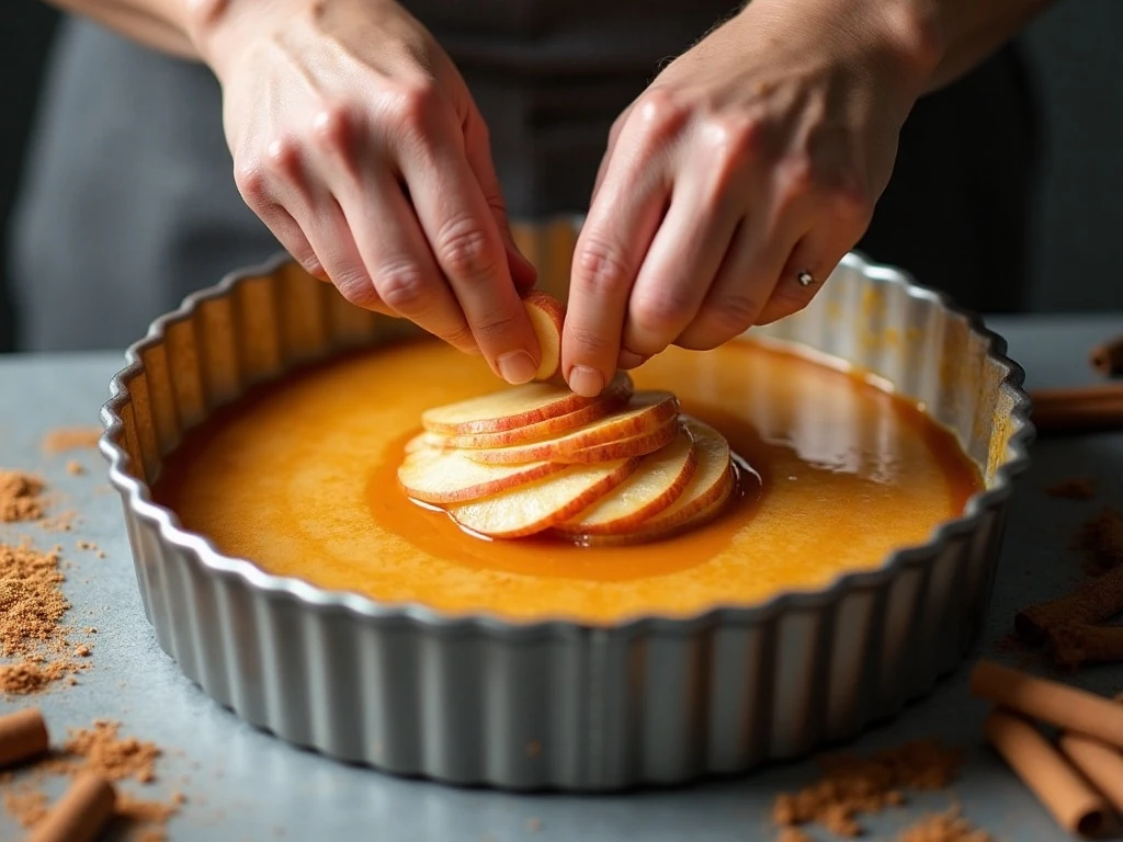 Apple slices arranged over caramel in a cake pan