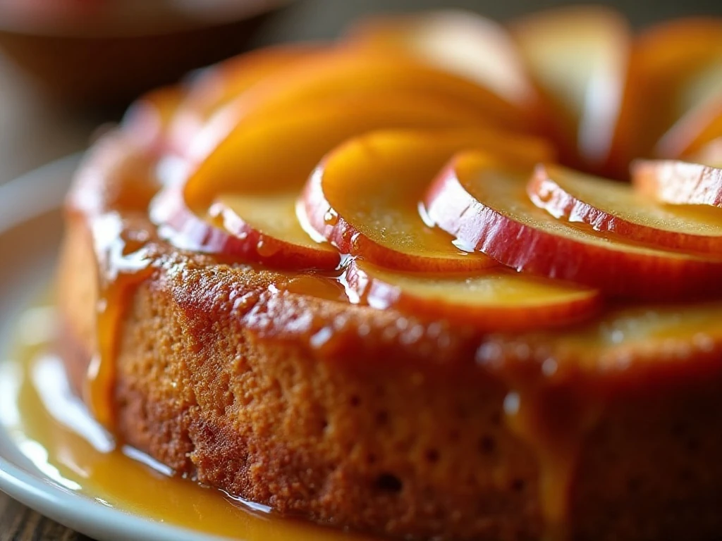 Close-up of glossy caramel apples on upside-down cake