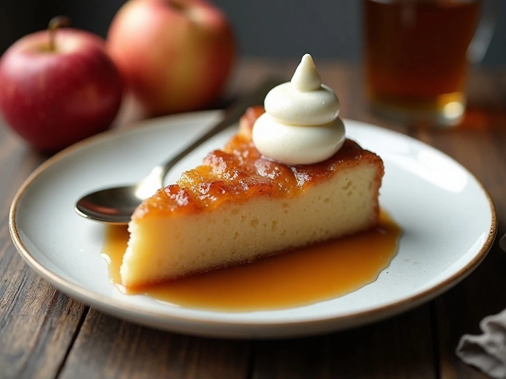 Warm apple upside-down cake served with vanilla ice cream