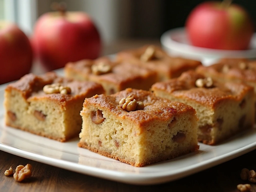 Slices of moist homemade apple walnut cake on a serving platter