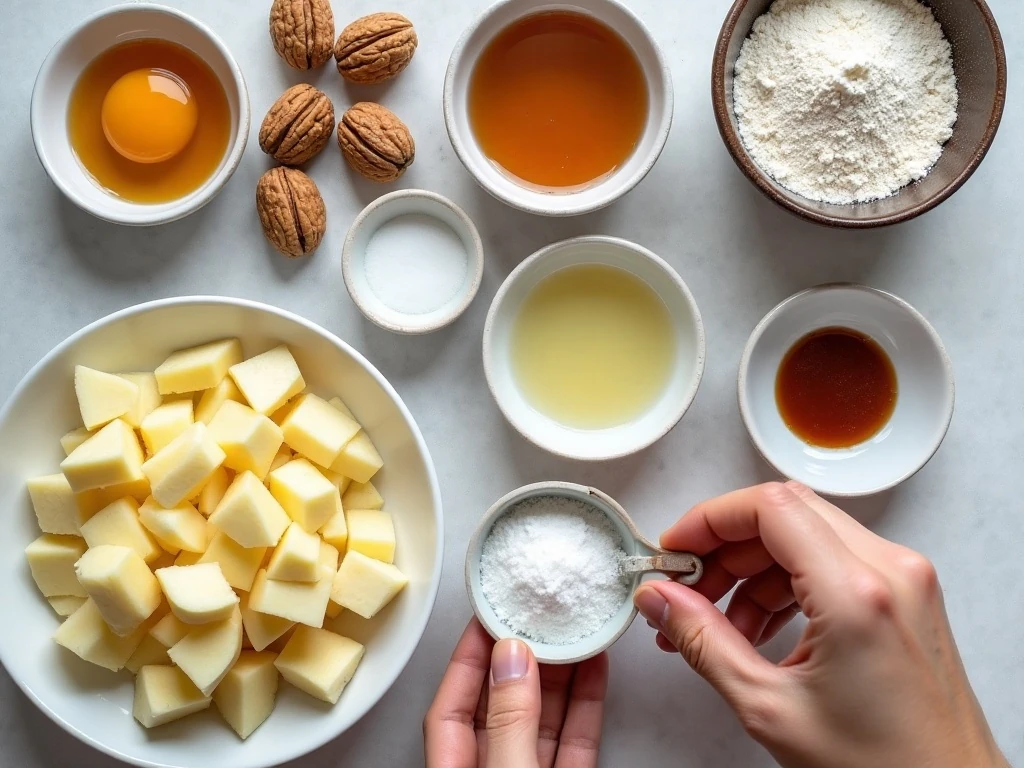 Ingredients for easy apple walnut cake arranged for baking