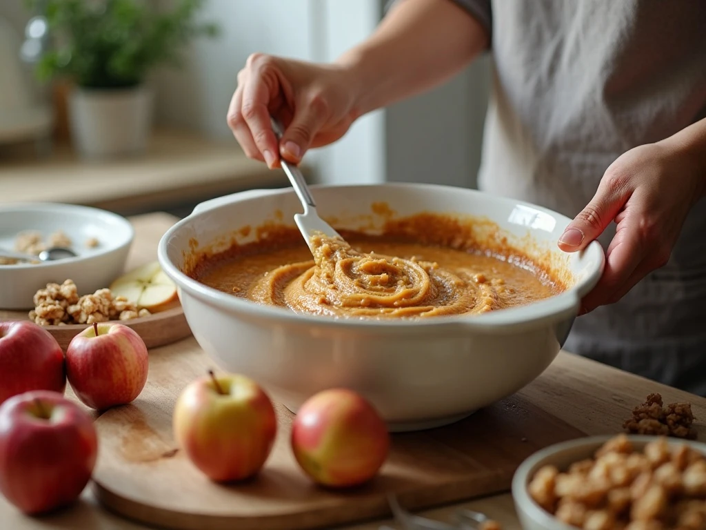 Thick apple walnut cake batter being folded with apples and walnuts