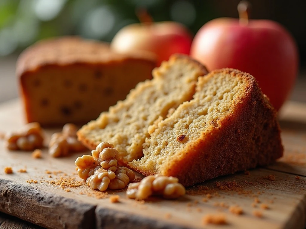Chopped apples and walnuts paired with a slice of apple cake