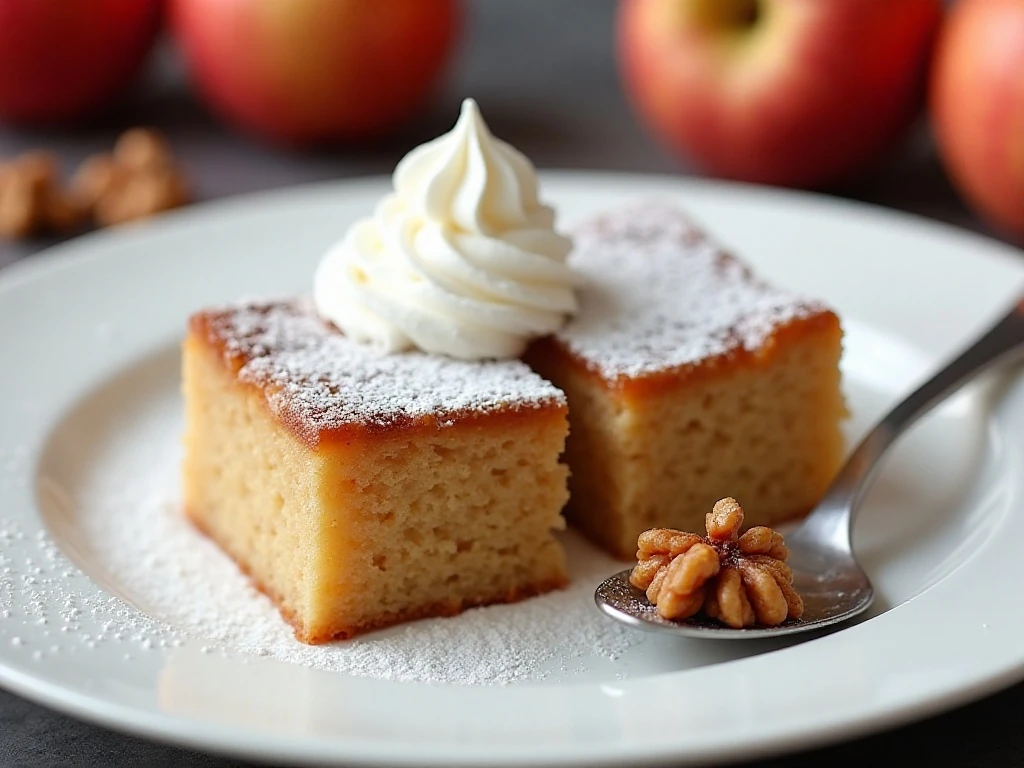Apple walnut cake served with powdered sugar and whipped cream