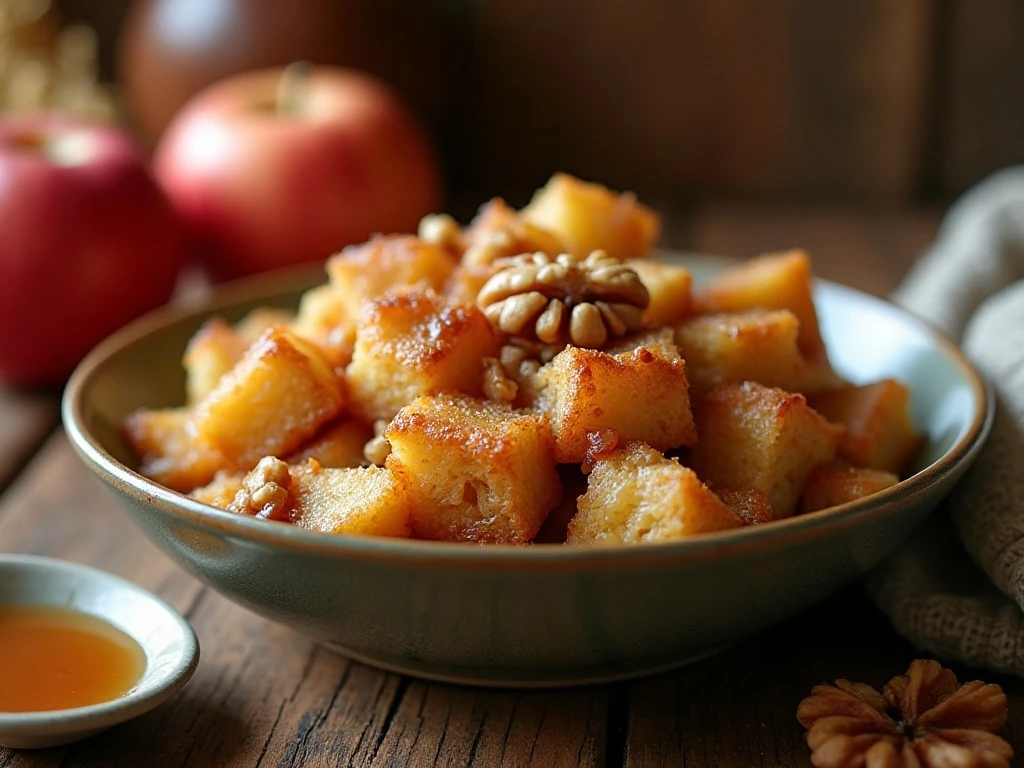 Warm apple walnut slow cooker bread pudding served with caramel sauce